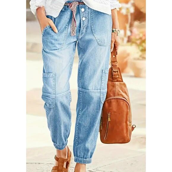 Denim Joggers Button Fly Womens Pants Sz XL Large Cargo Blue Mid Wash Cotton - Picture 4 of 12